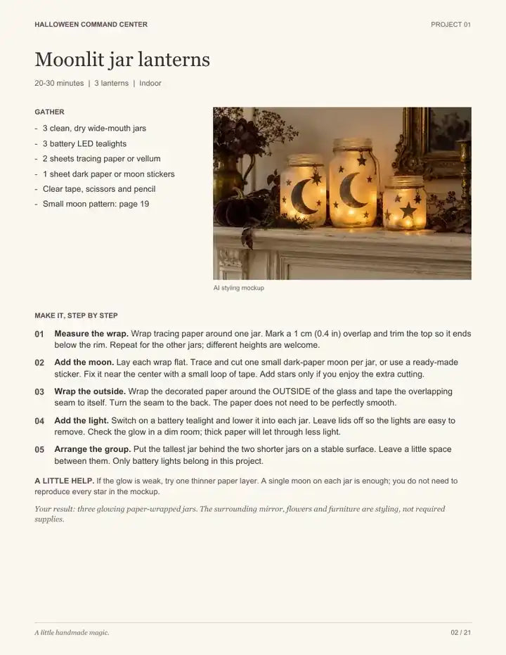 A project page from the guide with a supply list, numbered steps and a tip