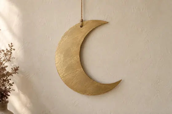 Golden crescent moon hanging, AI styling mockup